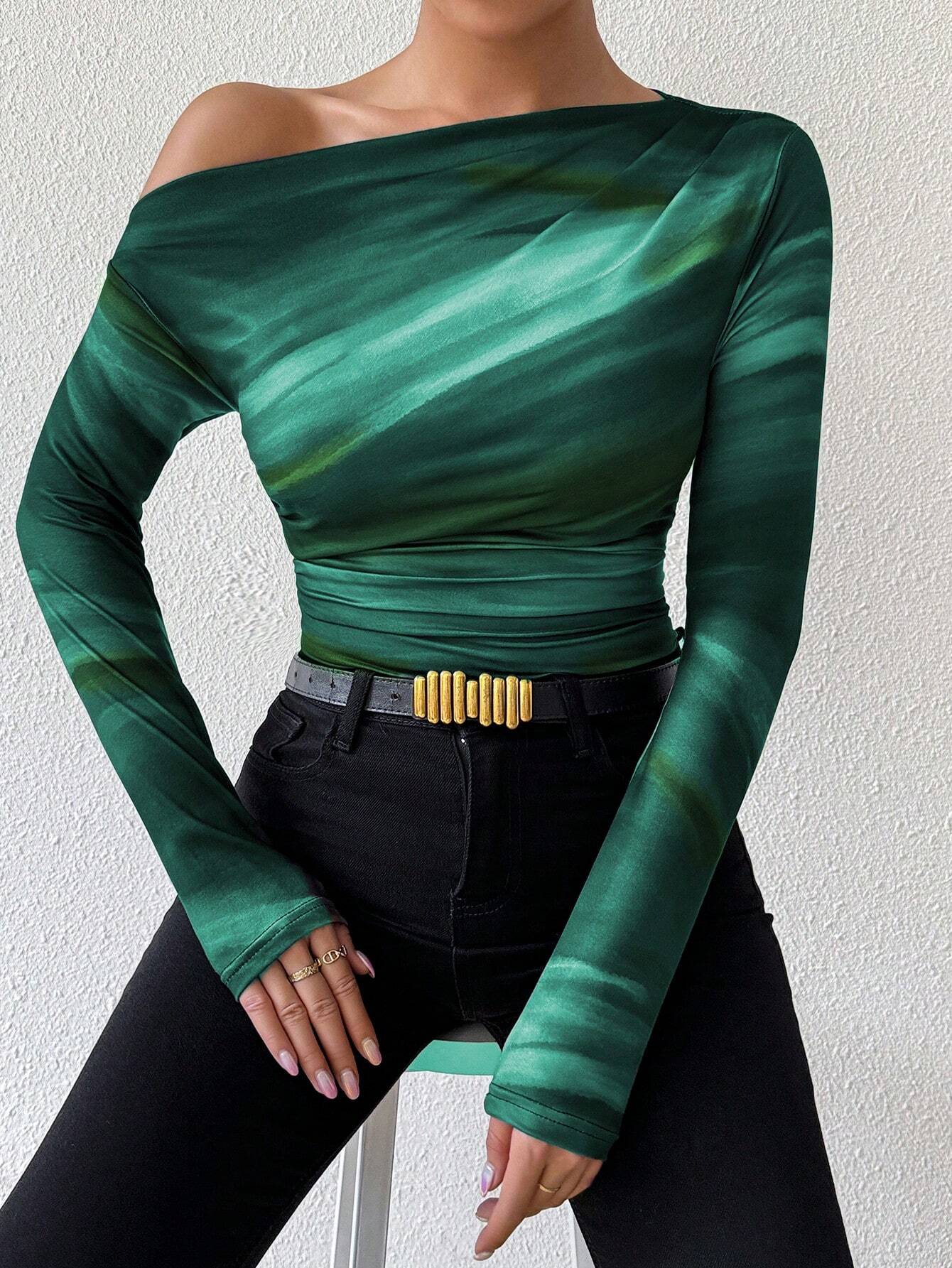 Privé Marble Gradient Print Asymmetric Asymmetrical Neck Long Sleeve T-Shirt With Pleats  FD - Image 10