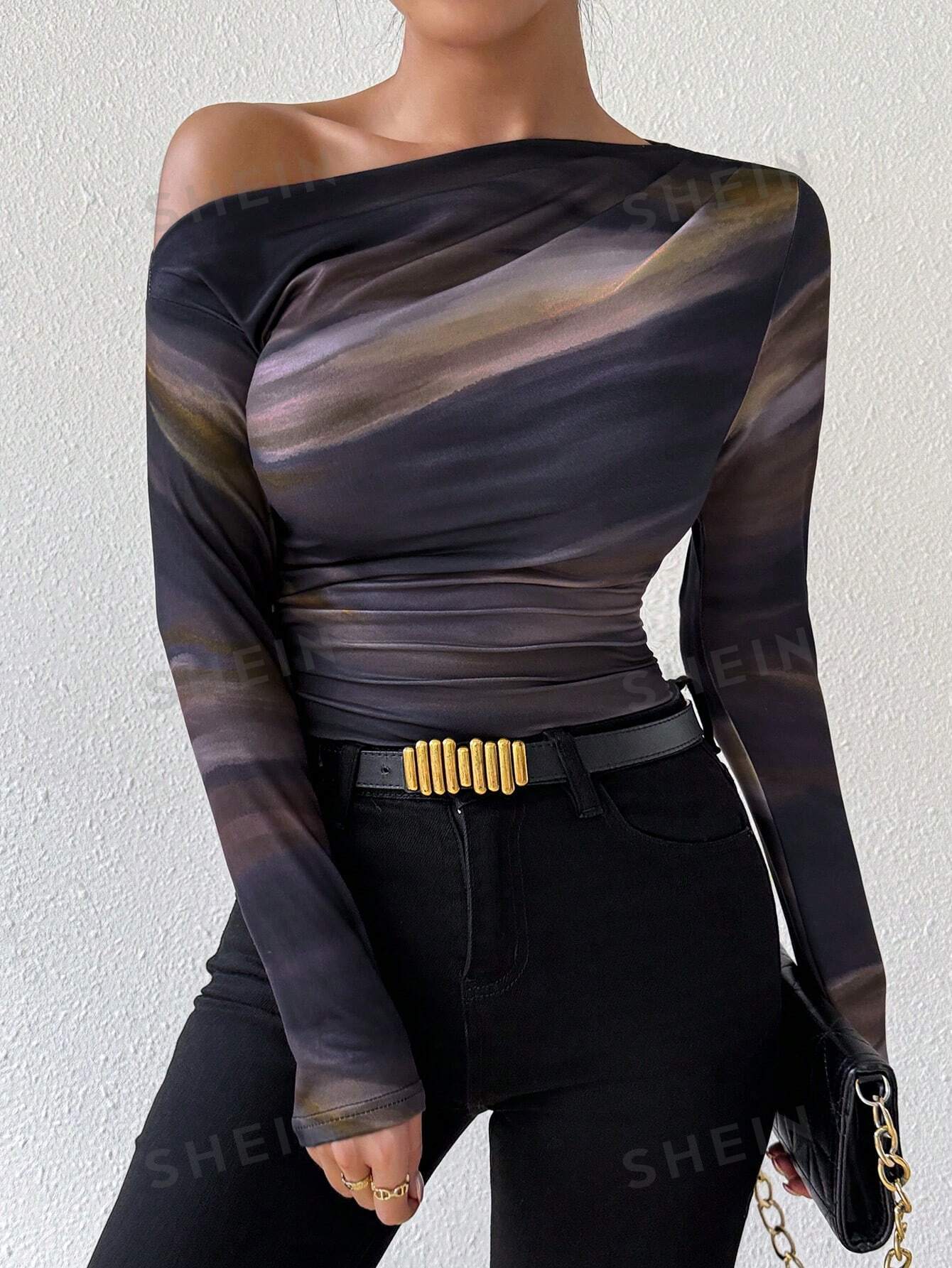 Privé Marble Gradient Print Asymmetric Asymmetrical Neck Long Sleeve T-Shirt With Pleats  FD - Image 6