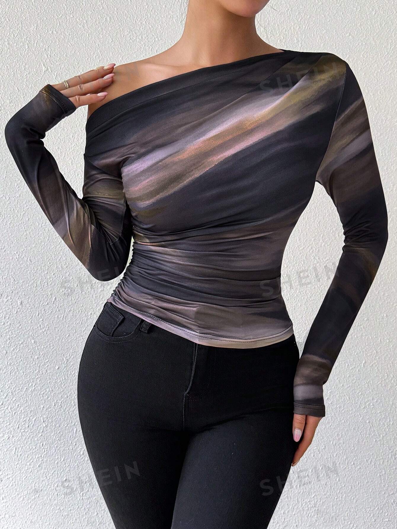 Privé Marble Gradient Print Asymmetric Asymmetrical Neck Long Sleeve T-Shirt With Pleats  FD - Image 7