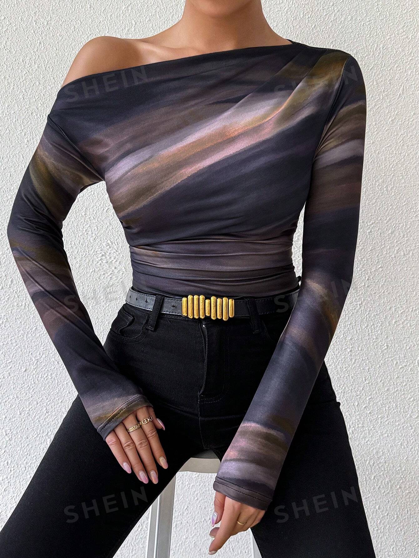 Privé Marble Gradient Print Asymmetric Asymmetrical Neck Long Sleeve T-Shirt With Pleats  FD - Image 8