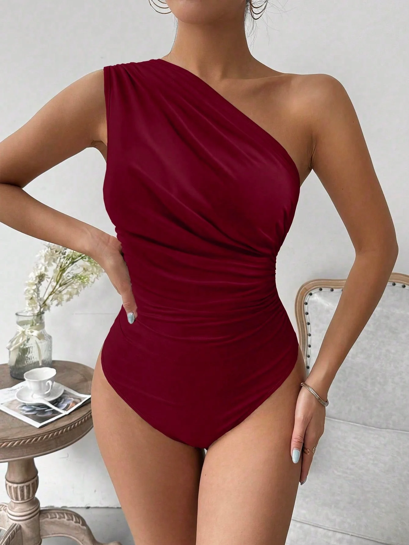 Privé Oblique Shoulder Ruffled Bodycon Bodysuit - Image 23