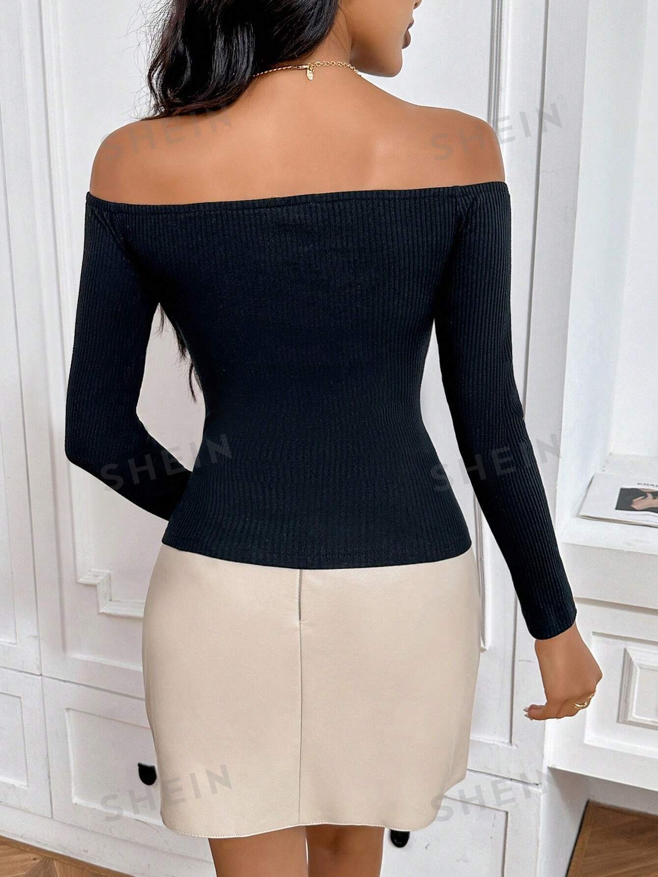 Privé Off Shoulder V Neck Ribbed Knit Tee - Image 3