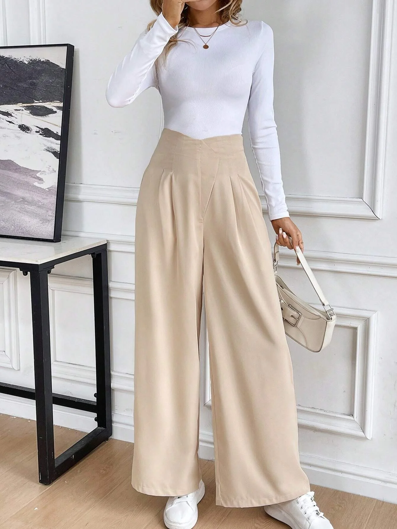 Privé Plain Asymmetrical Waist High Waist Wide Leg Pants - Image 10