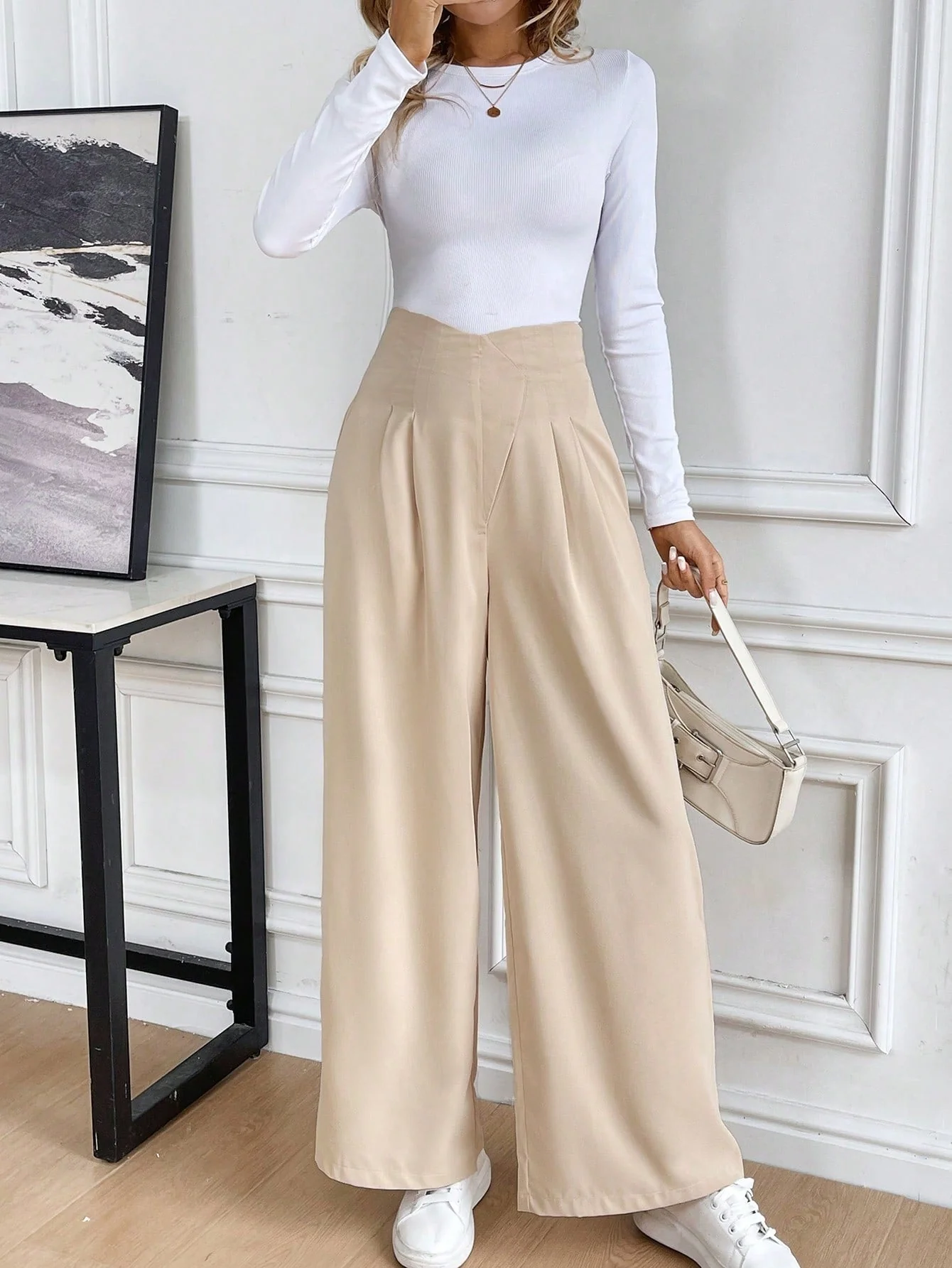 Privé Plain Asymmetrical Waist High Waist Wide Leg Pants - Image 2
