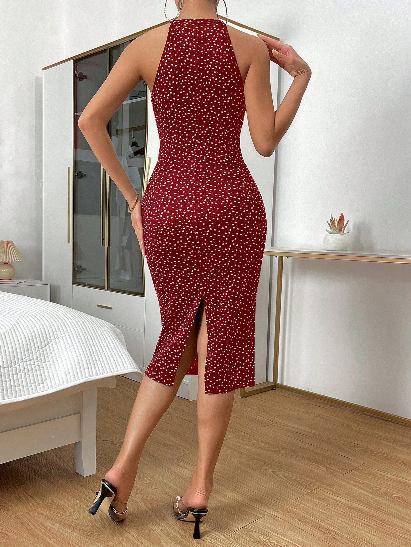 Privé Red Allover Heart Print Halter Neck Cami Bodycon Dress - Image 4
