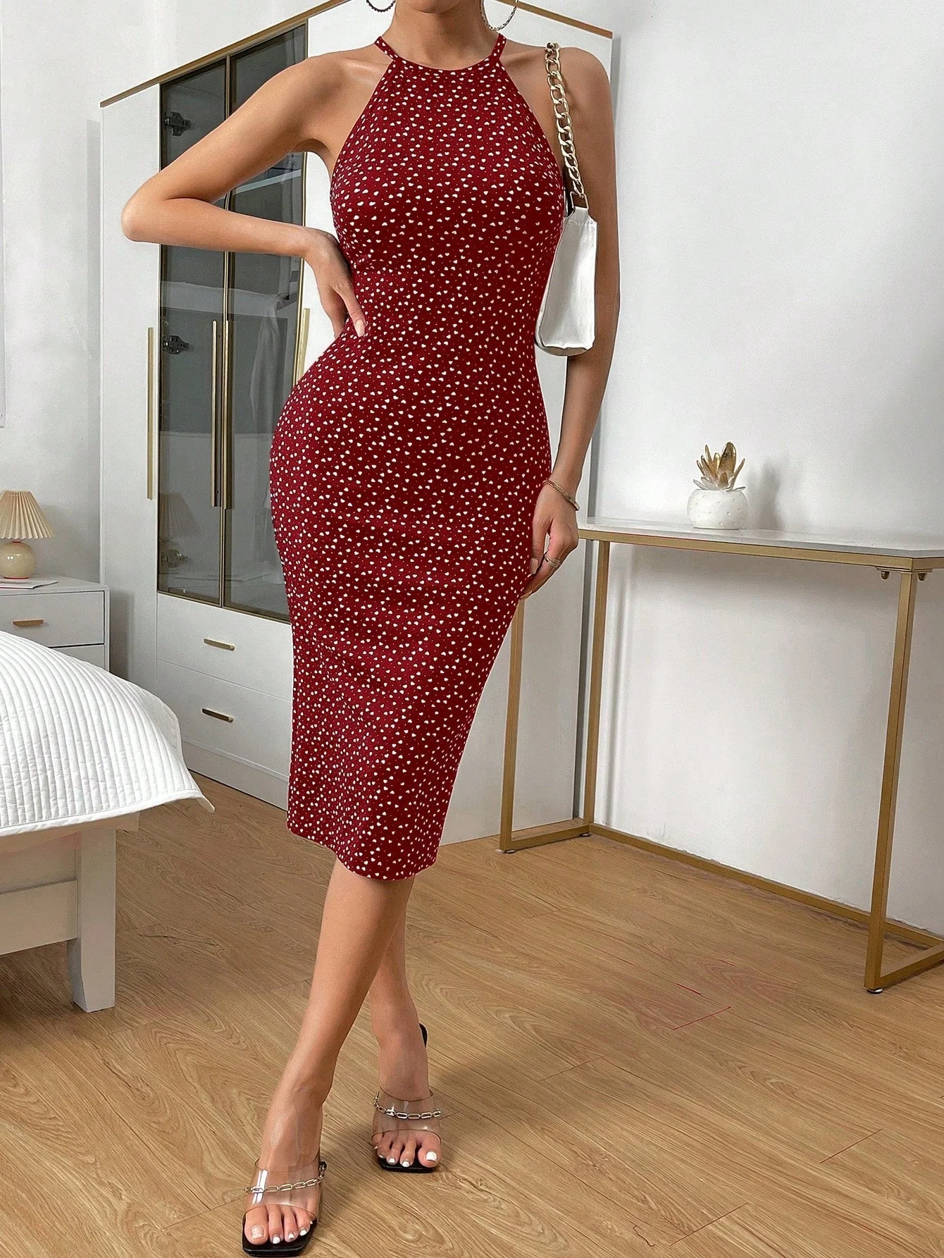 Privé Red Allover Heart Print Halter Neck Cami Bodycon Dress - Image 7