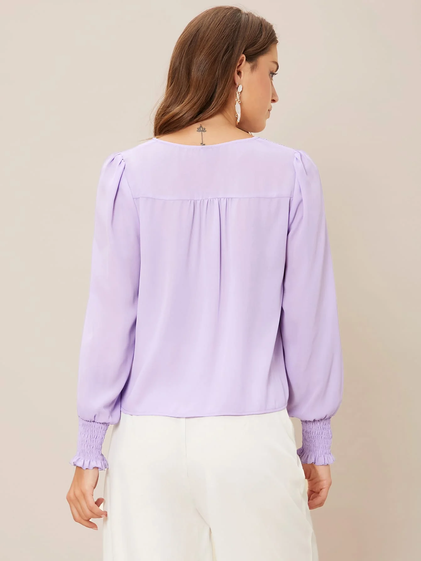 Privé Solid Button Front Lantern Sleeve Blouse FD - Image 11