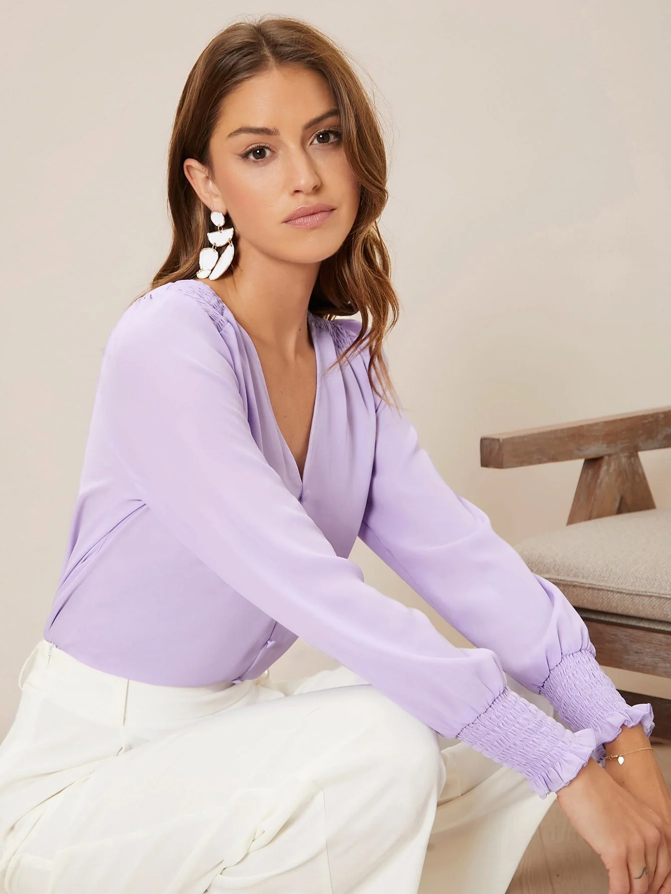 Privé Solid Button Front Lantern Sleeve Blouse FD - Image 14
