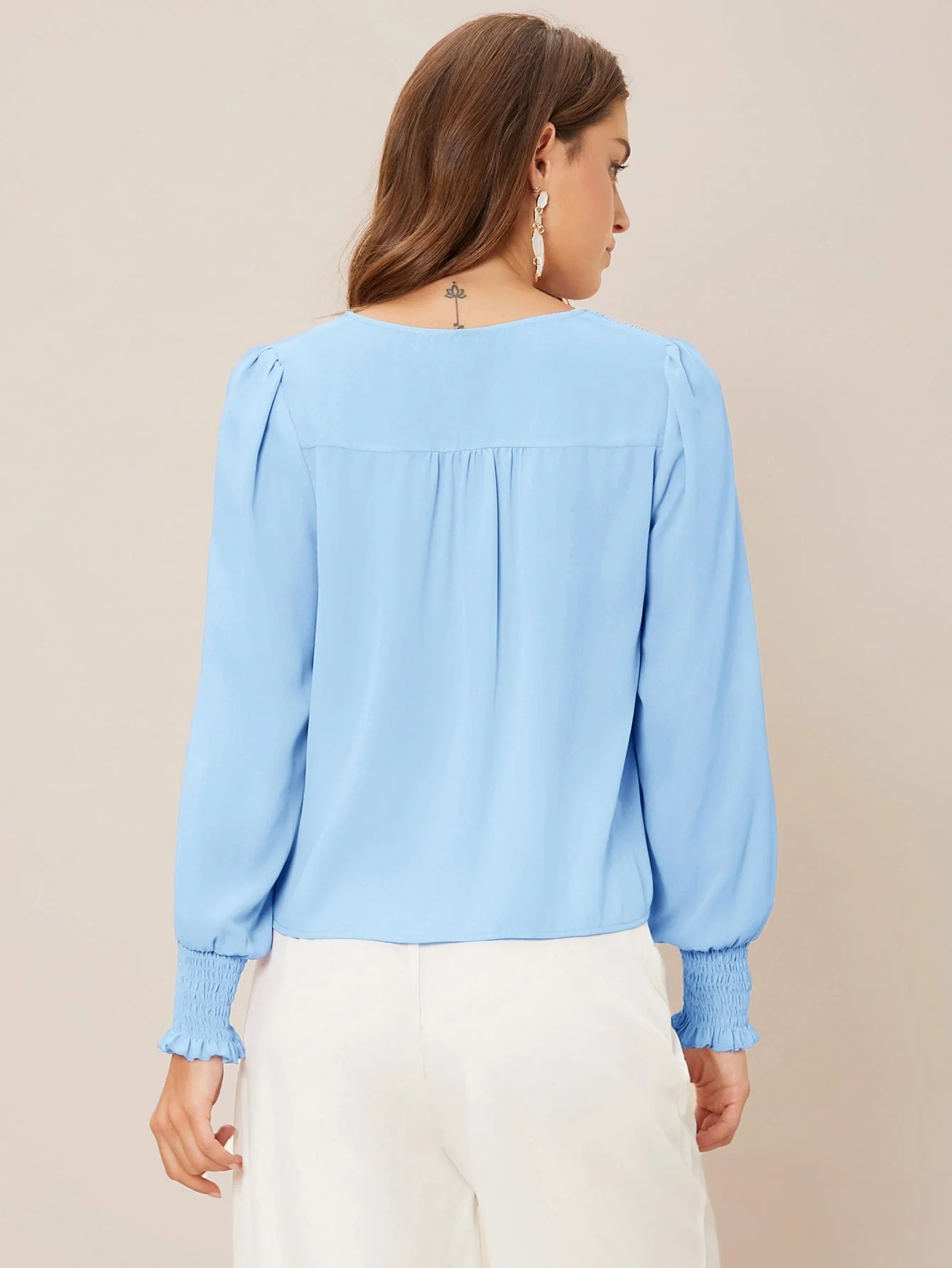 Privé Solid Button Front Lantern Sleeve Blouse FD - Image 19