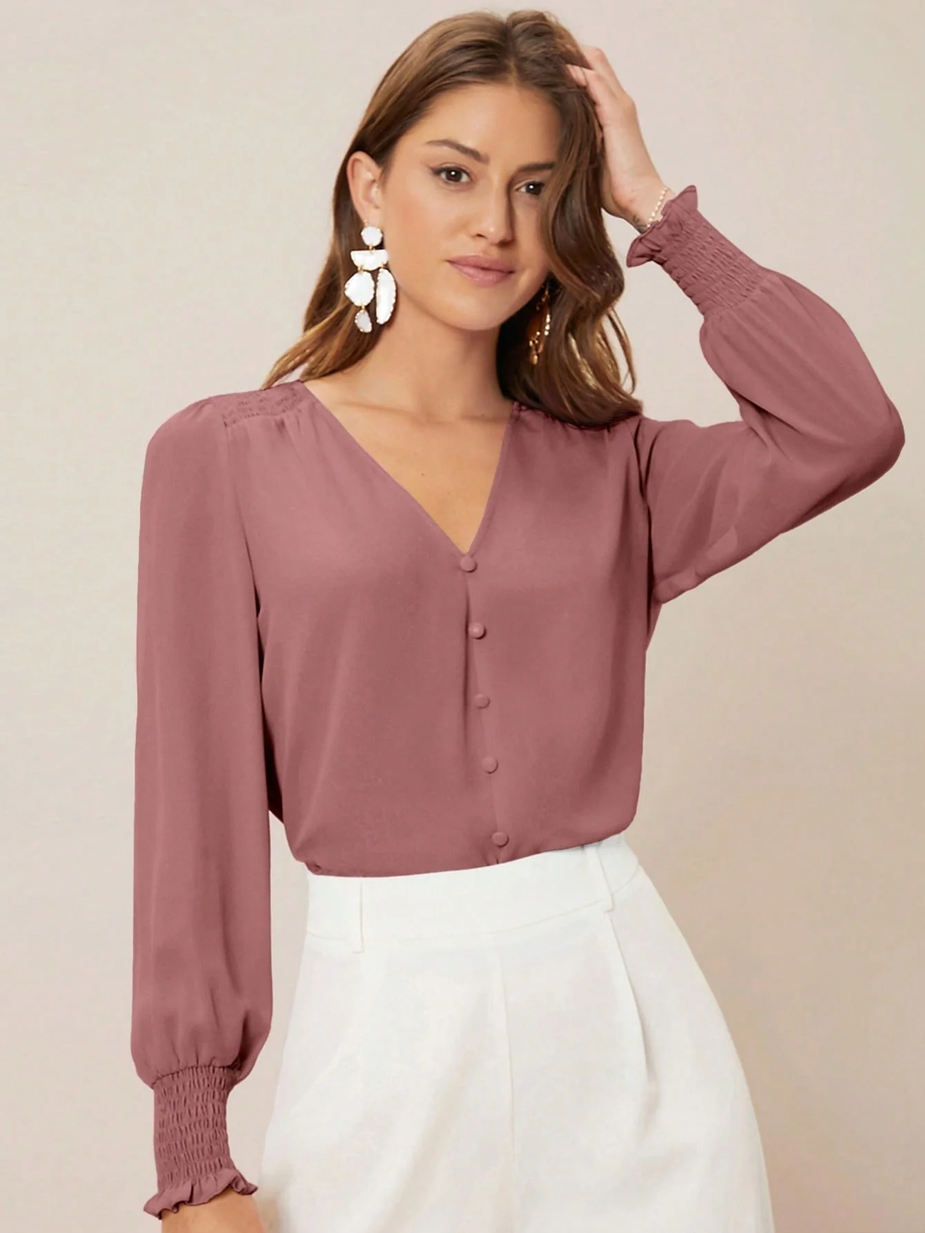 Privé Solid Button Front Lantern Sleeve Blouse FD - Image 2