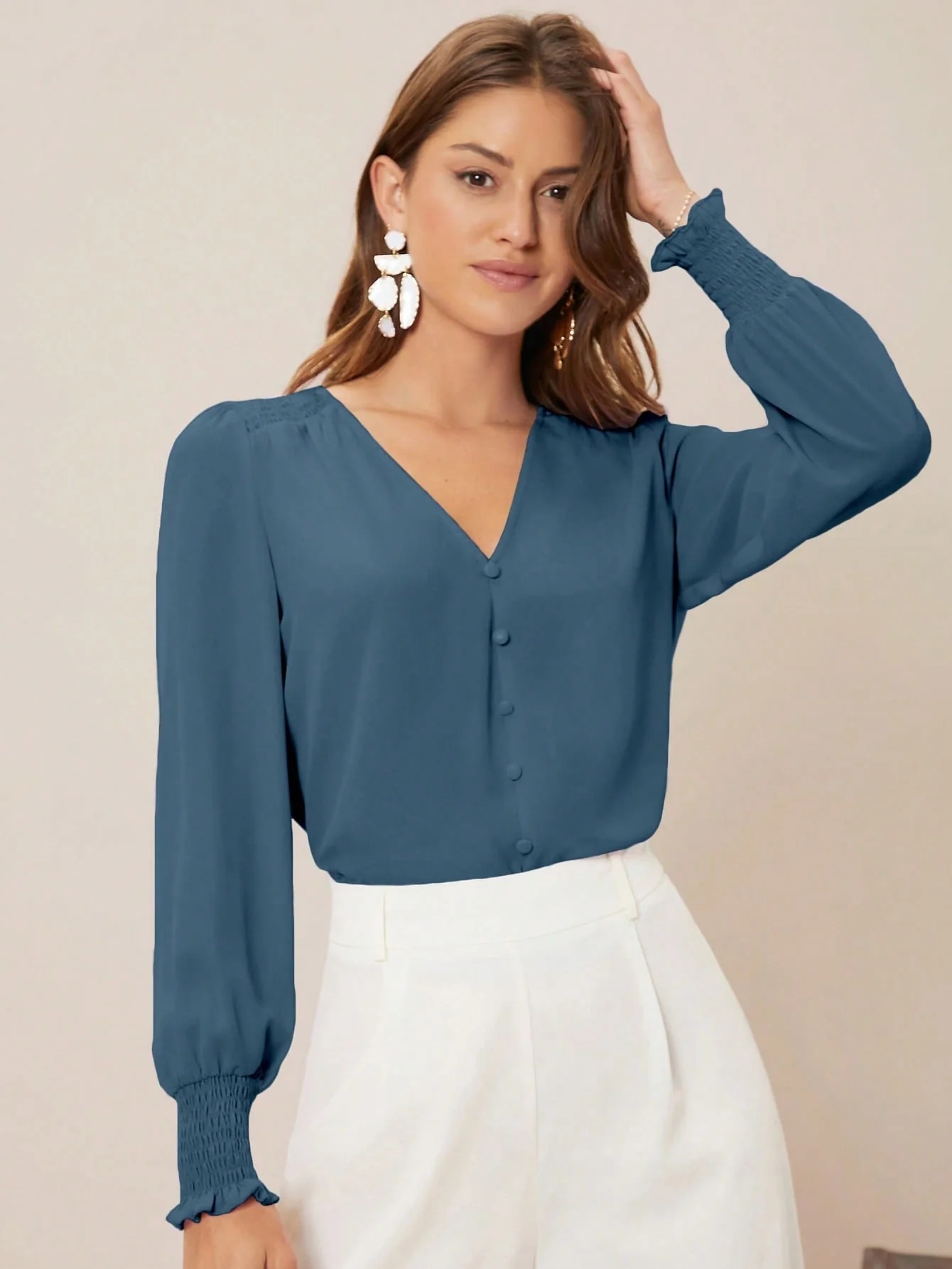 Privé Solid Button Front Lantern Sleeve Blouse FD - Image 4