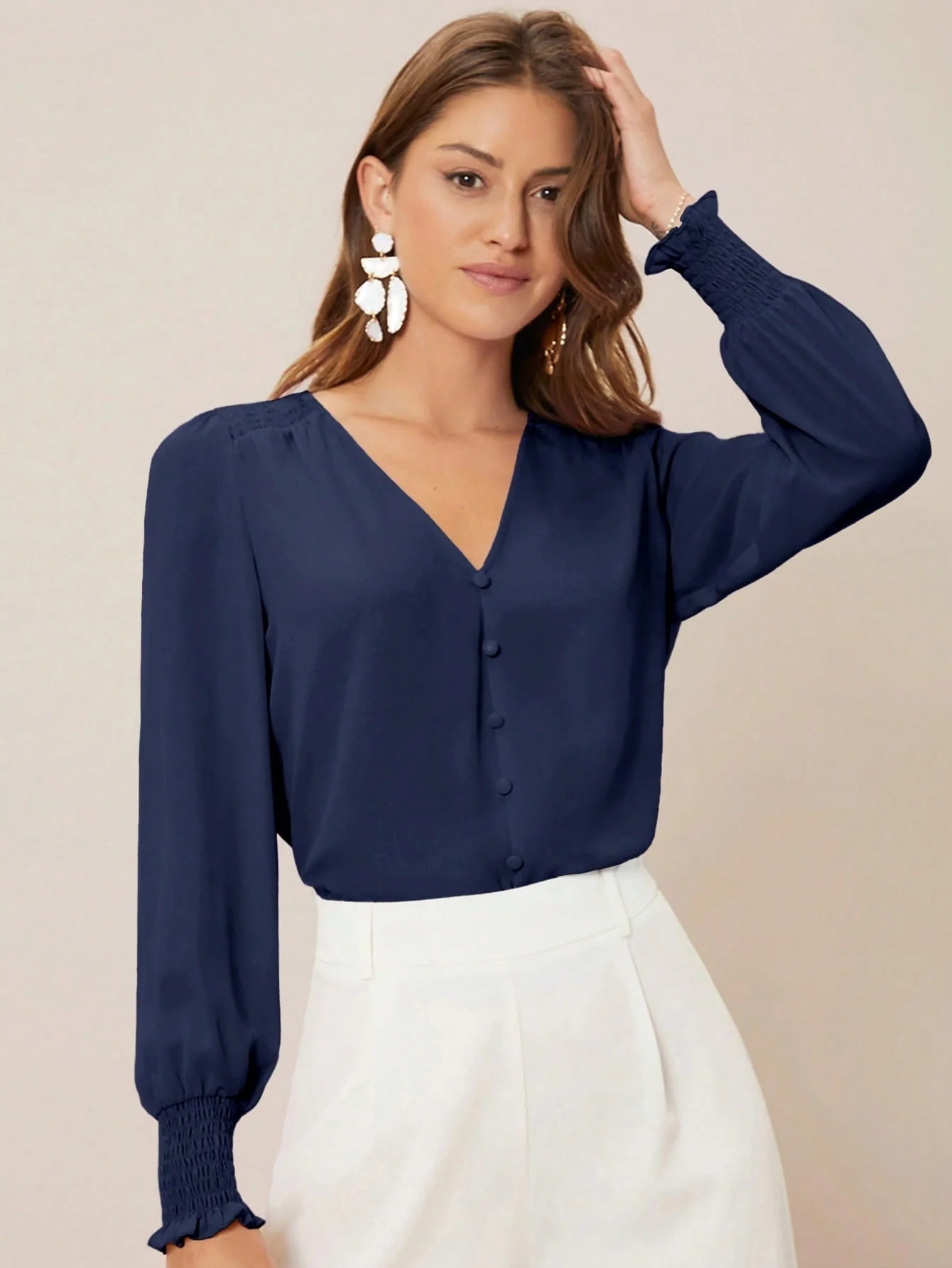 Privé Solid Button Front Lantern Sleeve Blouse FD - Image 5
