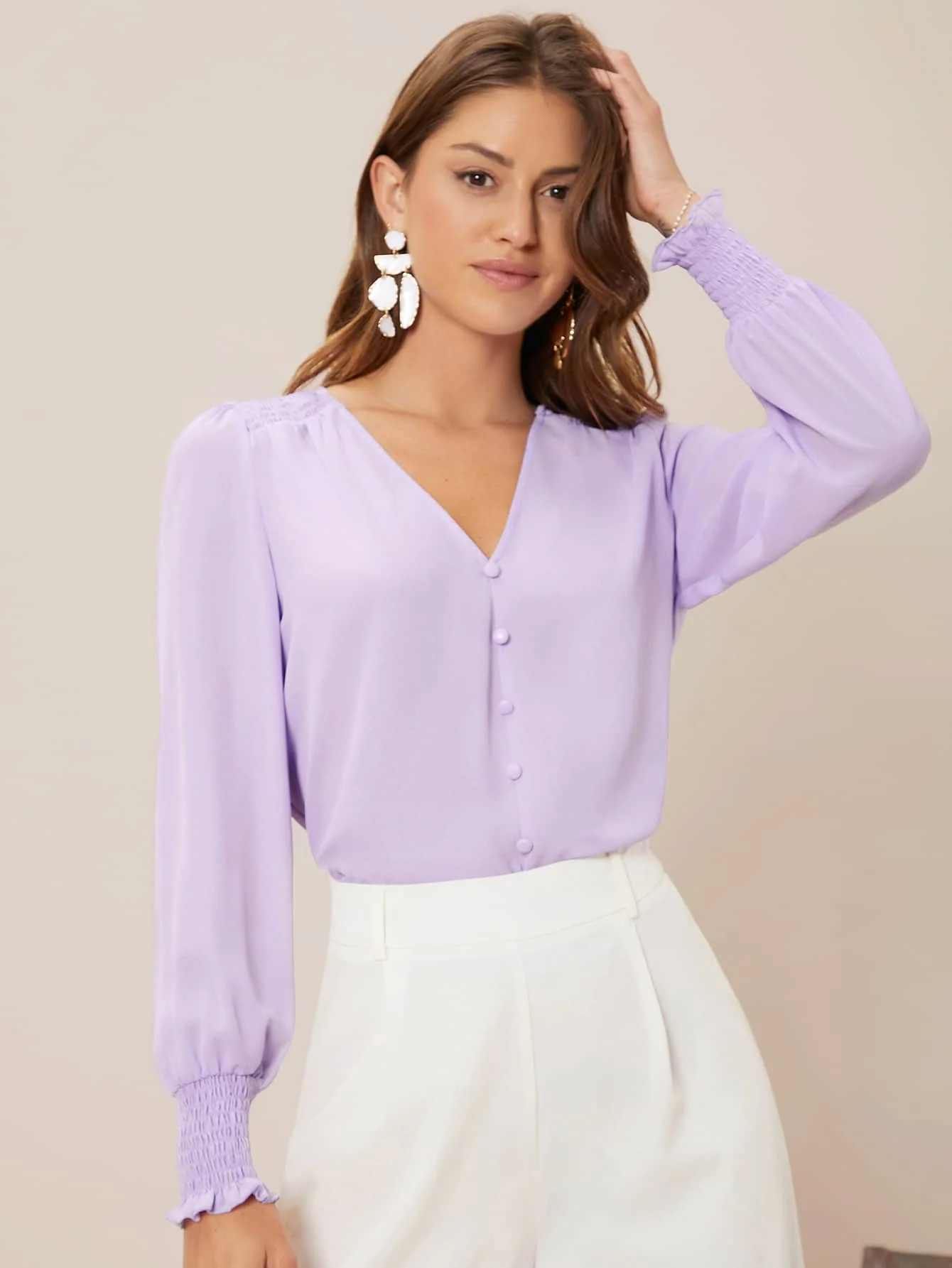 Privé Solid Button Front Lantern Sleeve Blouse FD - Image 6