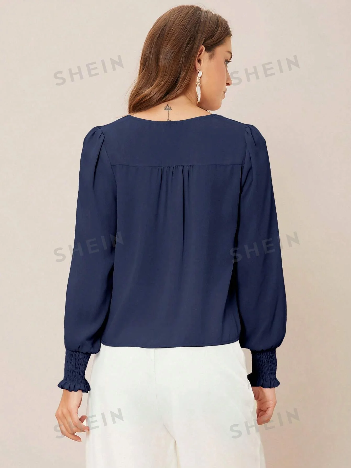 Privé Solid Button Front Lantern Sleeve Blouse FD - Image 7