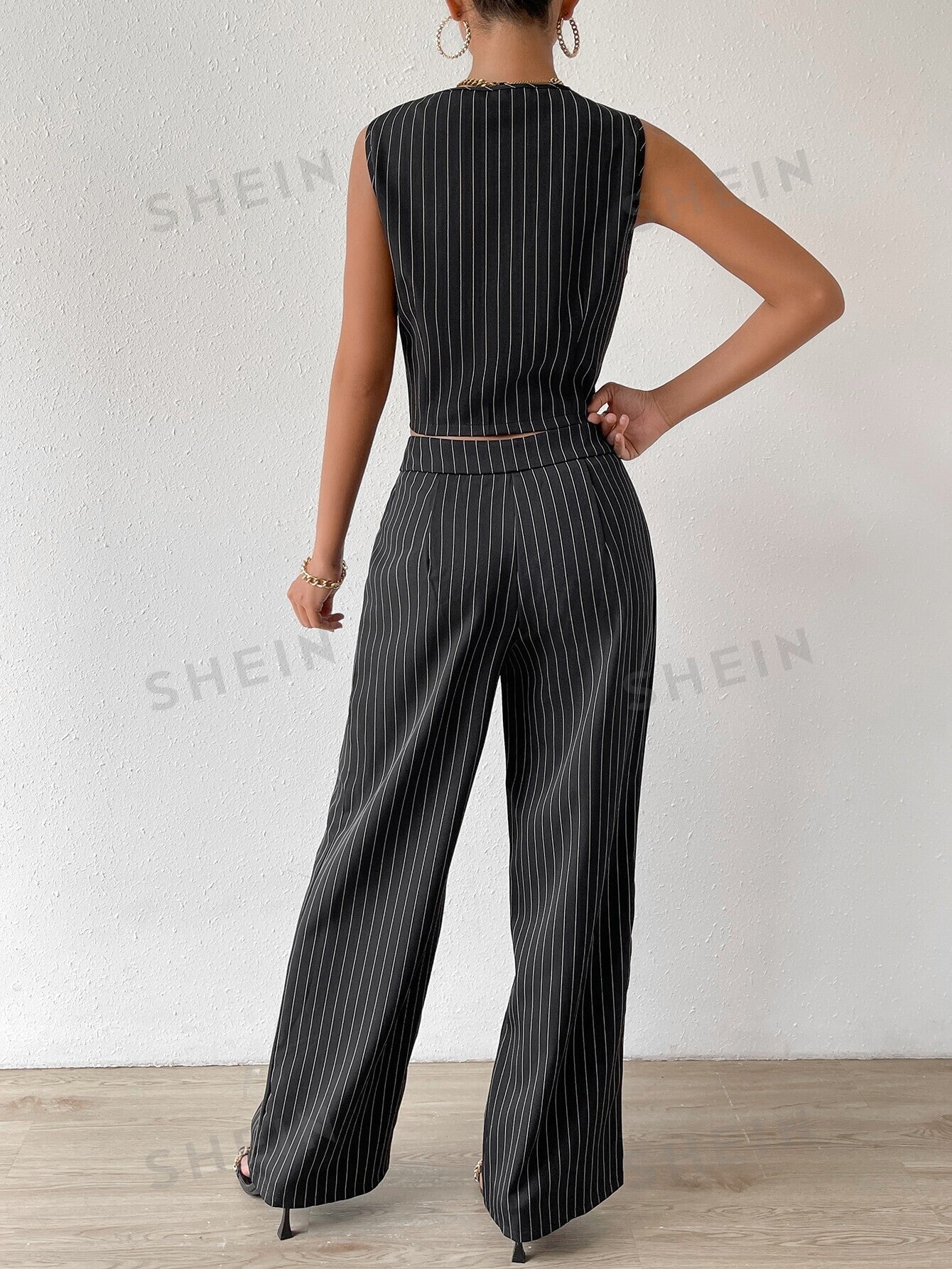 Privé Striped Print Vest Blazer & Wide Leg Pants - Image 4