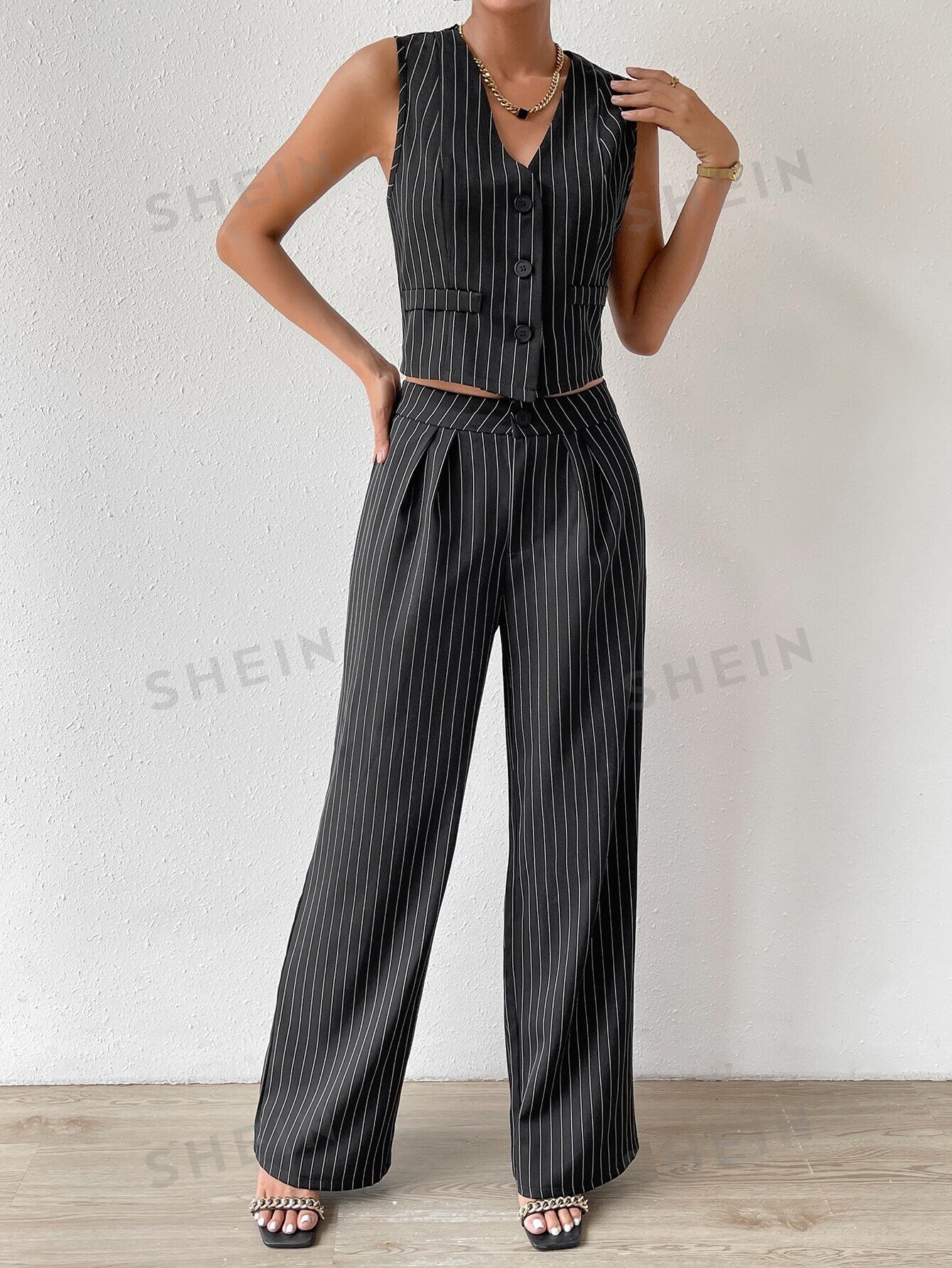 Privé Striped Print Vest Blazer & Wide Leg Pants - Image 5