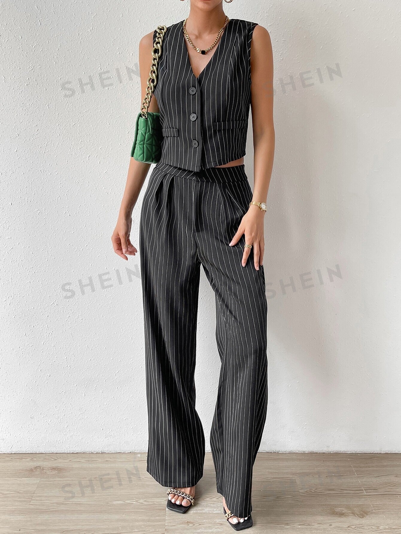 Privé Striped Print Vest Blazer & Wide Leg Pants - Image 7