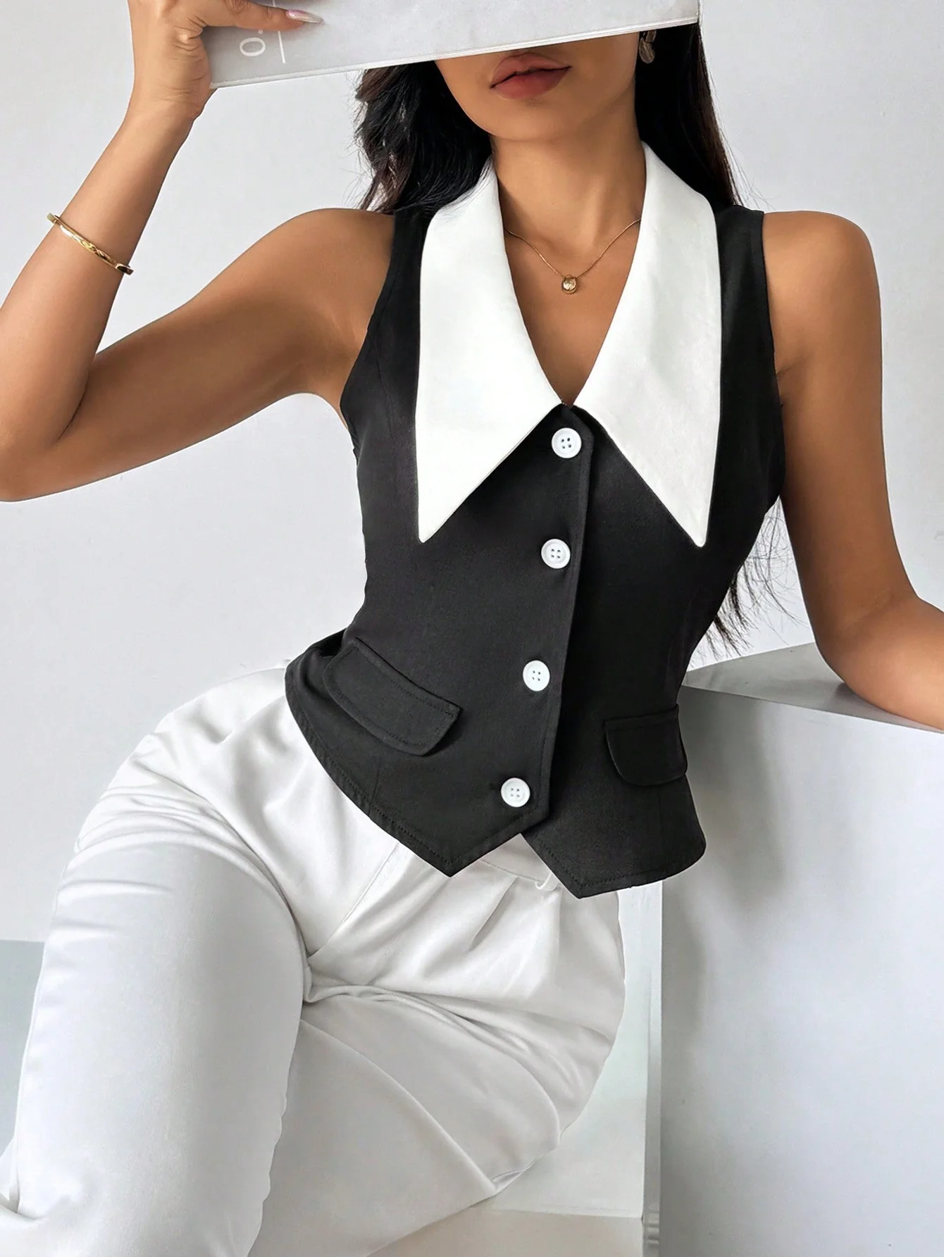Privé Women's Color Block Sleeveless Shirt With Front Button Closure,Work Women Shirts. Elegant Style For Summer.Old Money.Teacher Clothes.Business Casual Women. (FD - Image 7