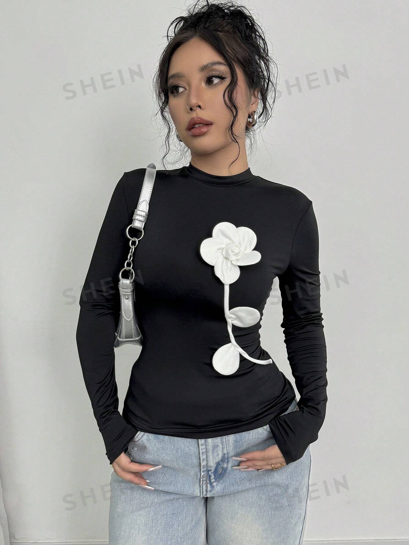 Privé Women's Elegant Vintage Style Floral 3D Print Long Sleeve Slim Fit T-Shirt - Image 4