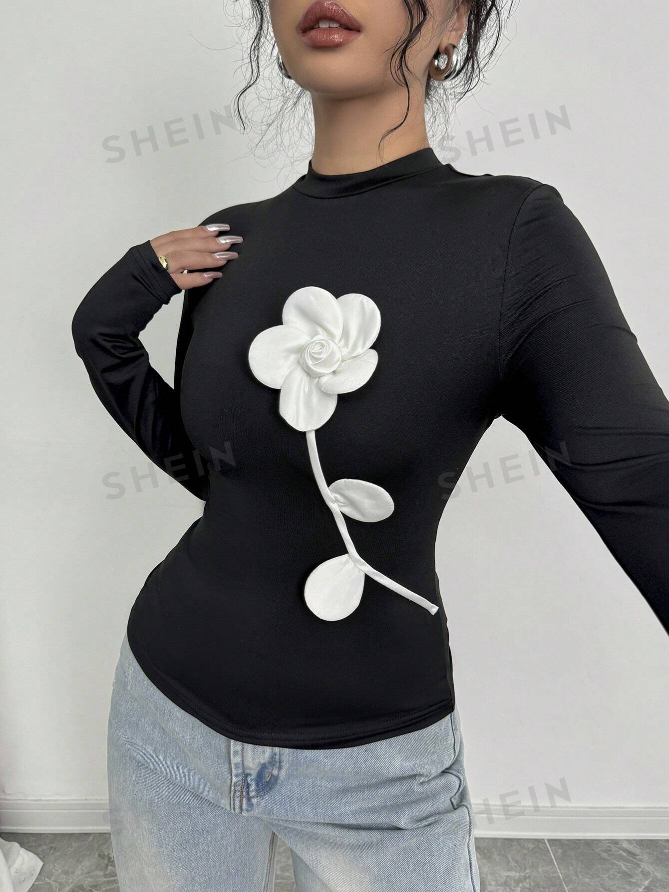 Privé Women's Elegant Vintage Style Floral 3D Print Long Sleeve Slim Fit T-Shirt - Image 7