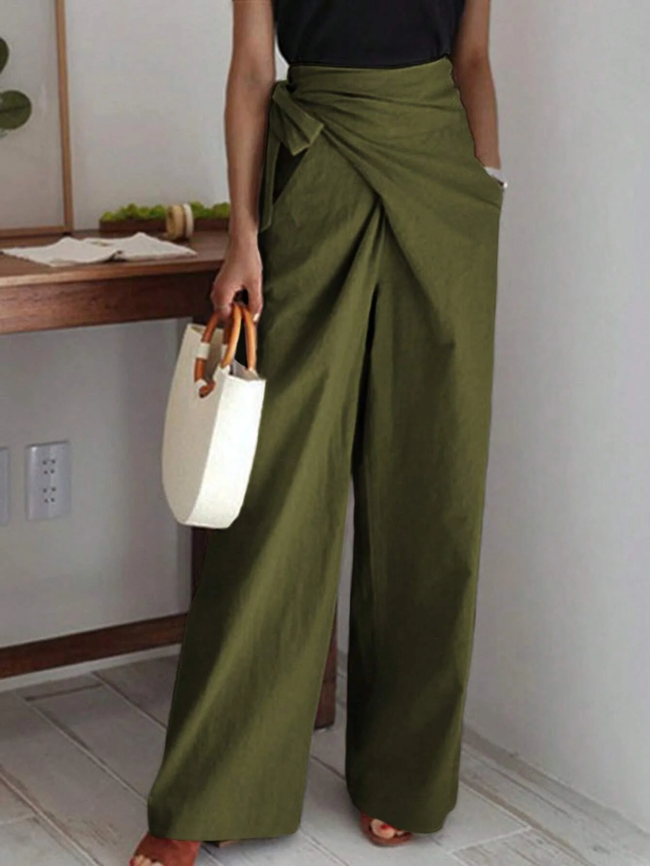 Privé Women's Khaki Linen-Like Belted High Waist Wide Leg Pants - Image 11