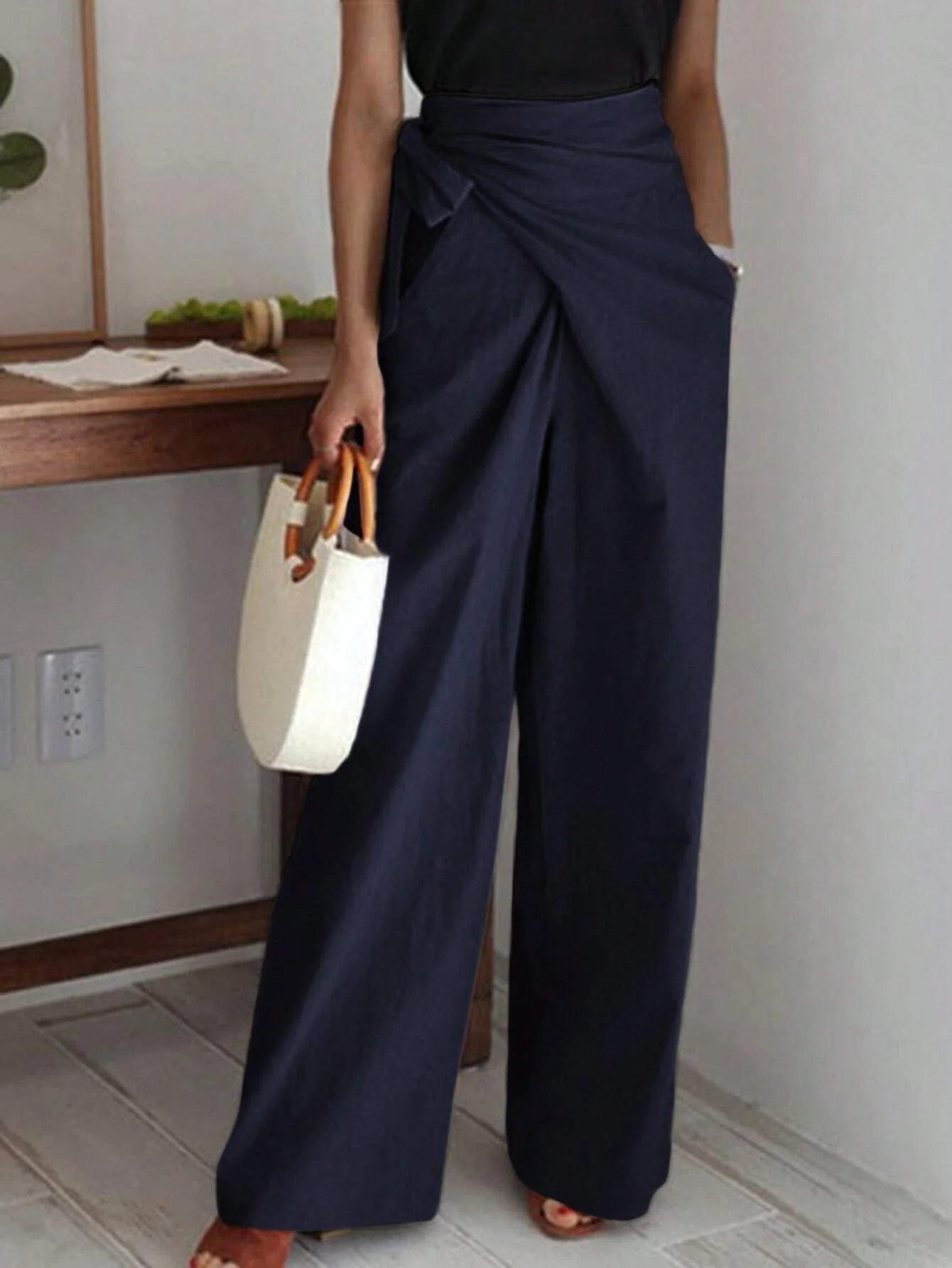 Privé Women's Khaki Linen-Like Belted High Waist Wide Leg Pants - Image 12