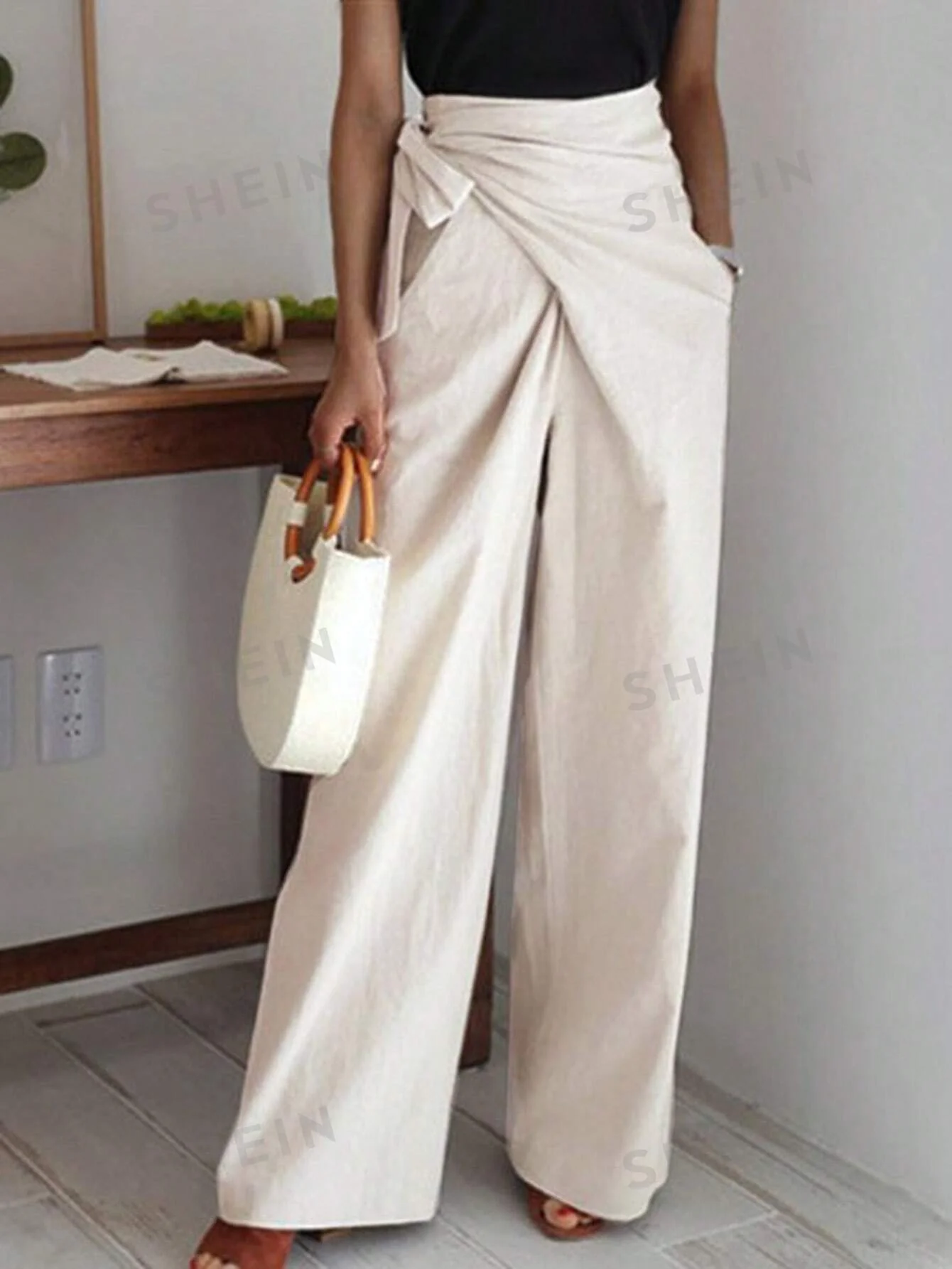 Privé Women's Khaki Linen-Like Belted High Waist Wide Leg Pants - Image 6