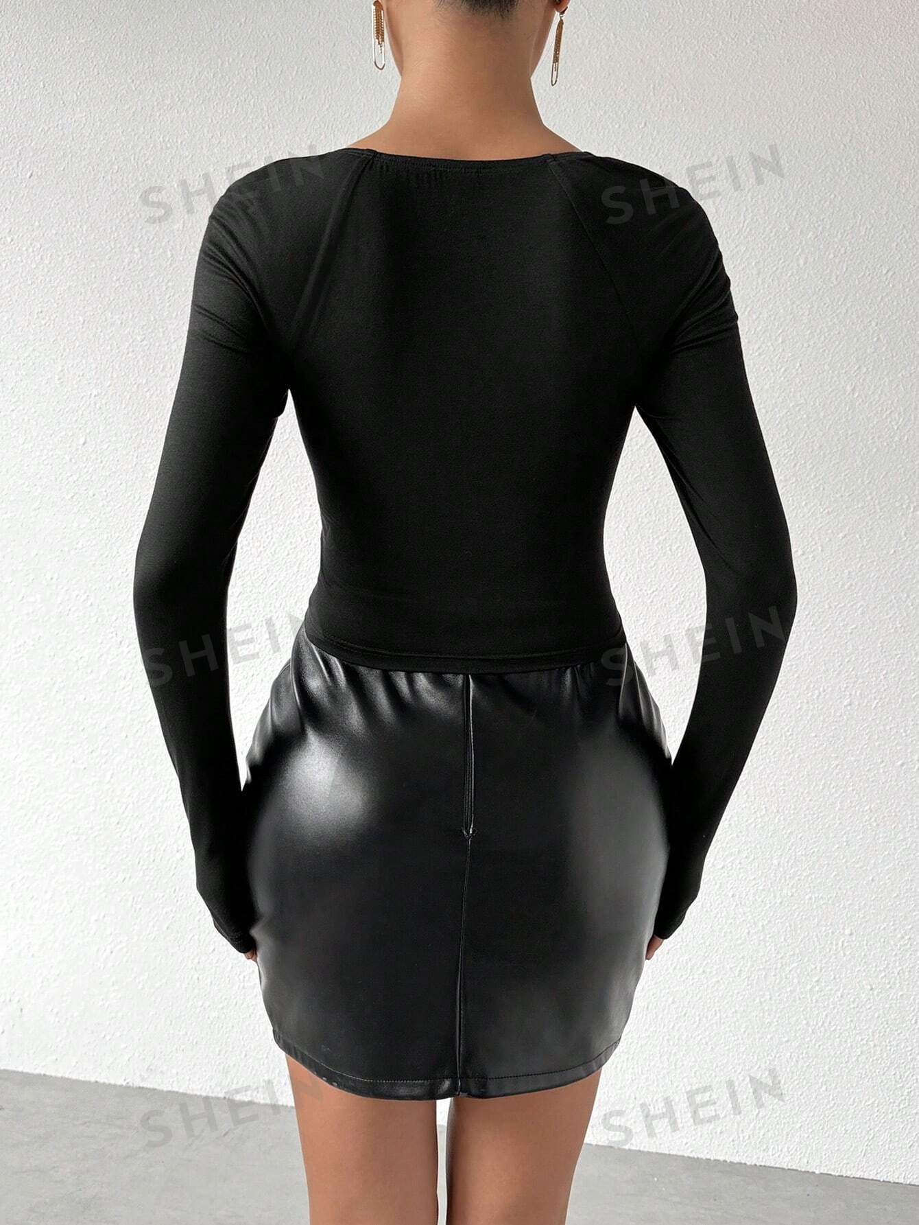 Privé Women's Sxy Bodycon Elastic Color Block Jointed Long Sleeve 2 In 1 T-Shirt FD - Image 5