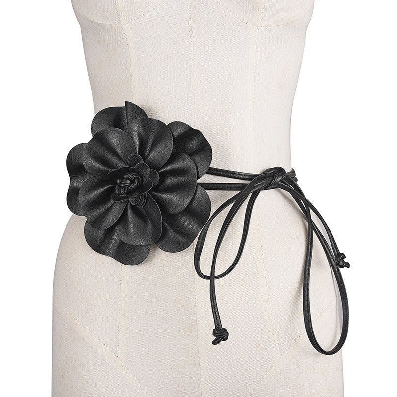pu leather big flower waist rope bohemian style dress decorative belt tie bow long tie