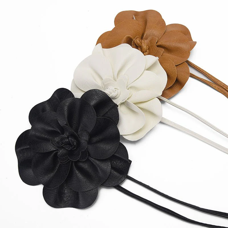 pu leather big flower waist rope bohemian style dress decorative belt tie bow long tie - Image 10