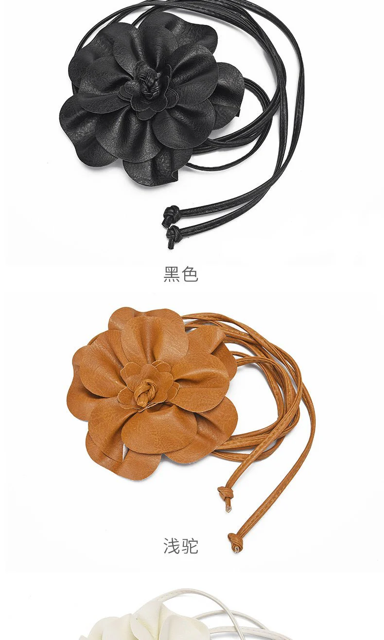 pu leather big flower waist rope bohemian style dress decorative belt tie bow long tie - Image 14
