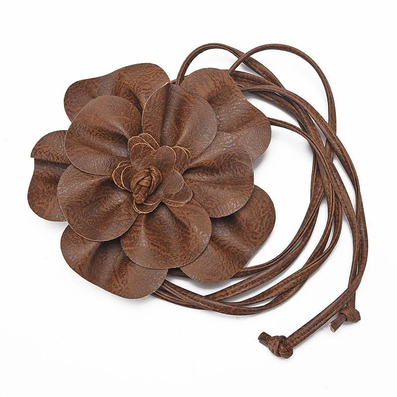 pu leather big flower waist rope bohemian style dress decorative belt tie bow long tie - Image 5