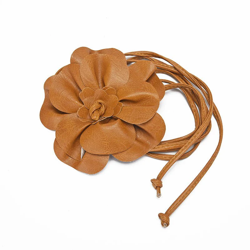 pu leather big flower waist rope bohemian style dress decorative belt tie bow long tie - Image 6