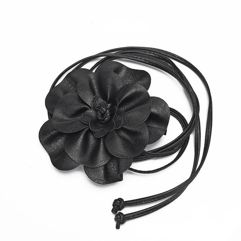 pu leather big flower waist rope bohemian style dress decorative belt tie bow long tie - Image 8