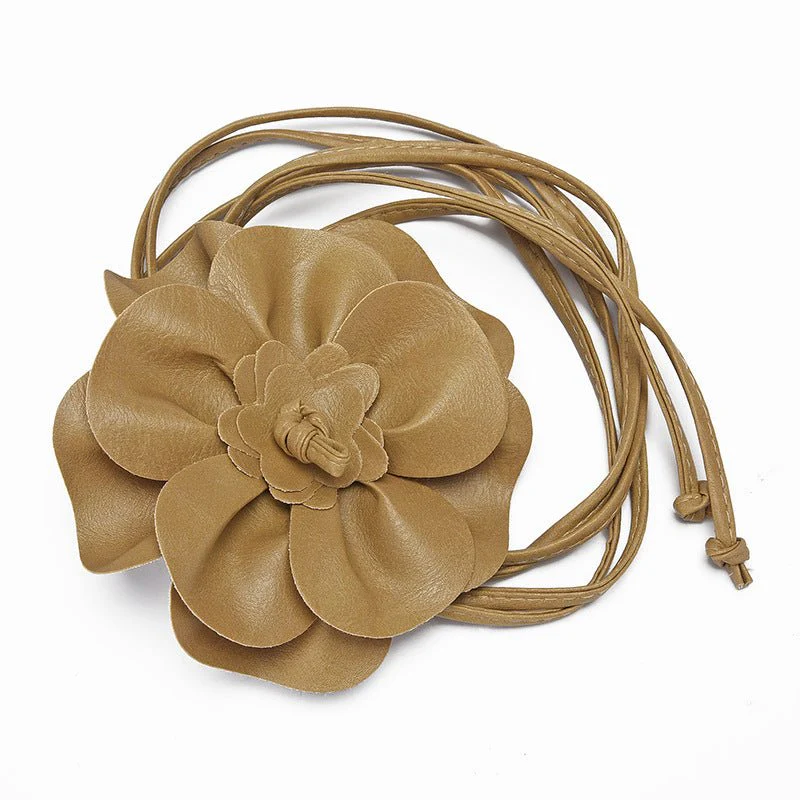 pu leather big flower waist rope bohemian style dress decorative belt tie bow long tie FD - Image 11