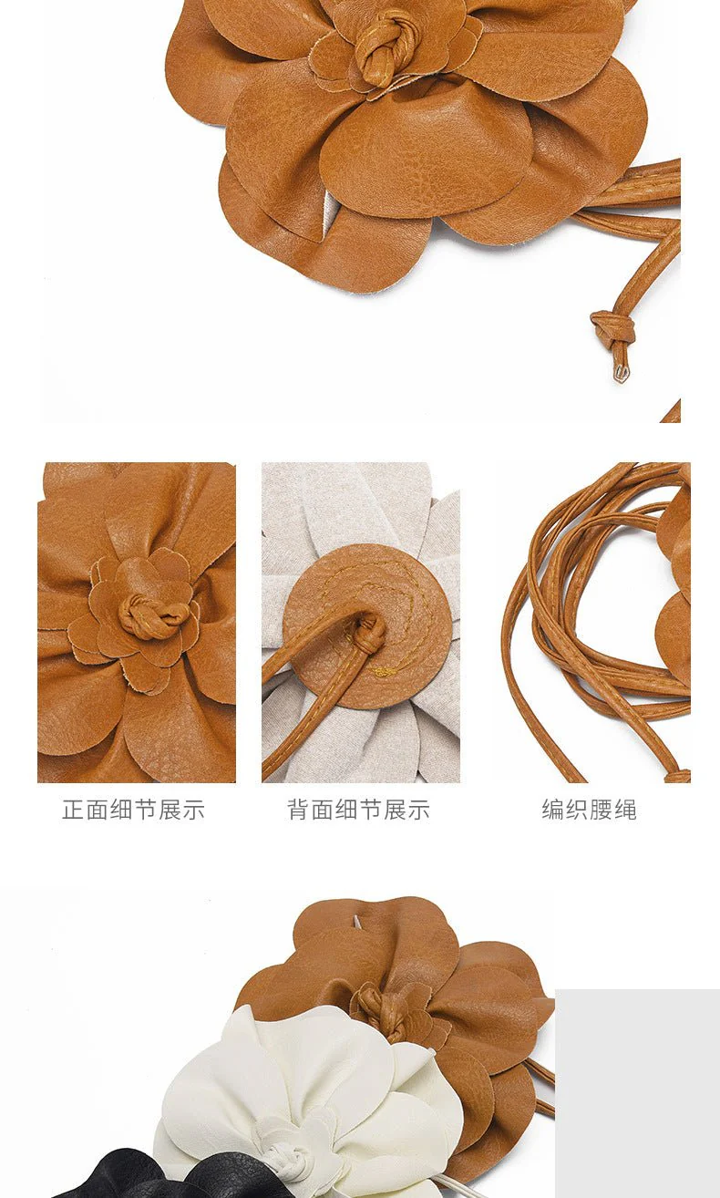 pu leather big flower waist rope bohemian style dress decorative belt tie bow long tie FD - Image 13