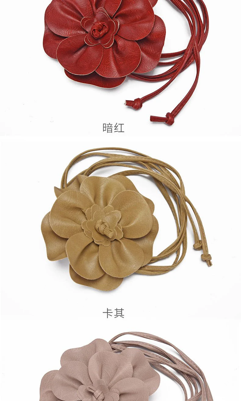 pu leather big flower waist rope bohemian style dress decorative belt tie bow long tie FD - Image 16