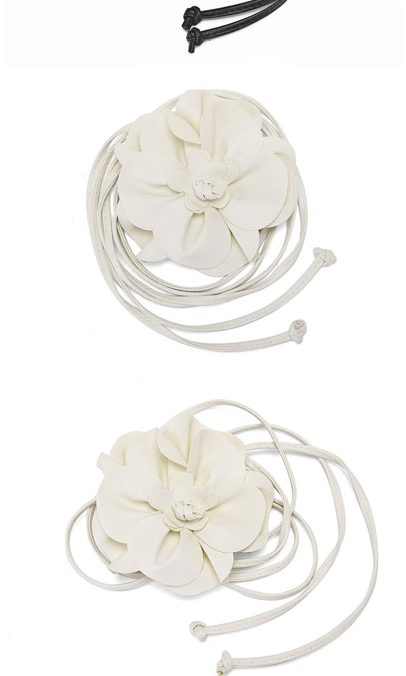 pu leather big flower waist rope bohemian style dress decorative belt tie bow long tie FD - Image 17