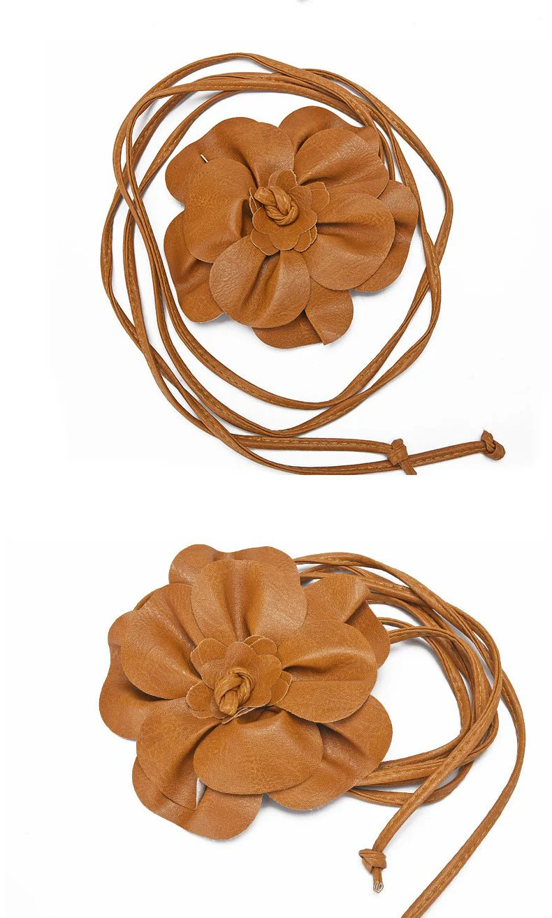 pu leather big flower waist rope bohemian style dress decorative belt tie bow long tie FD - Image 18