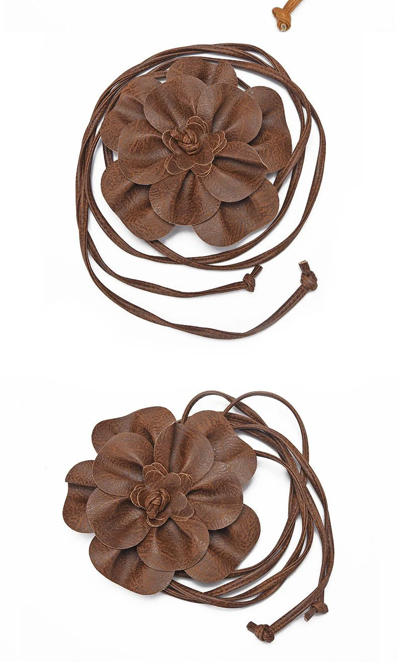 pu leather big flower waist rope bohemian style dress decorative belt tie bow long tie FD - Image 19