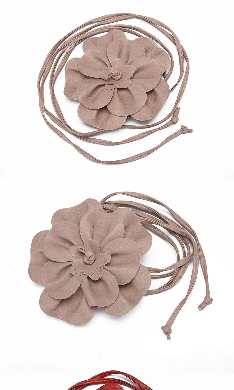 pu leather big flower waist rope bohemian style dress decorative belt tie bow long tie FD - Image 20