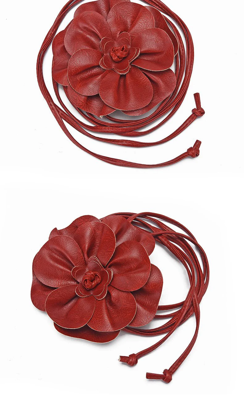 pu leather big flower waist rope bohemian style dress decorative belt tie bow long tie FD - Image 21