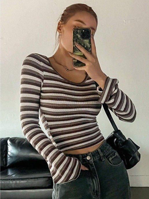 Pullover round neck slim striped high-end long-sleeved T-shirt - Image 2