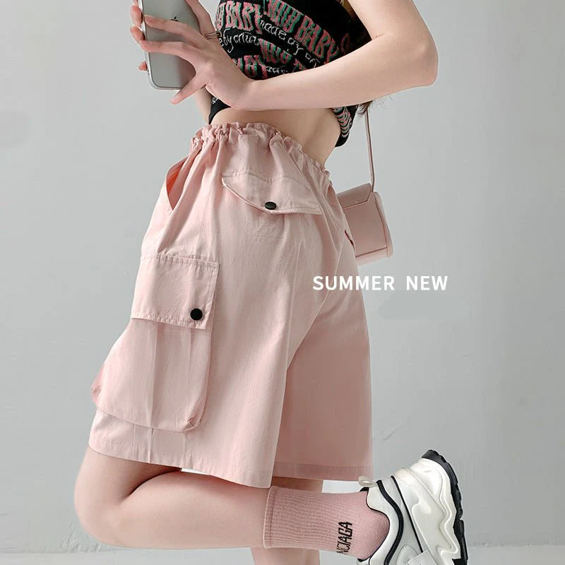 Pure cotton washed shorts women's summer new loose straight overalls casual spice wide-leg sports five-point medium pants