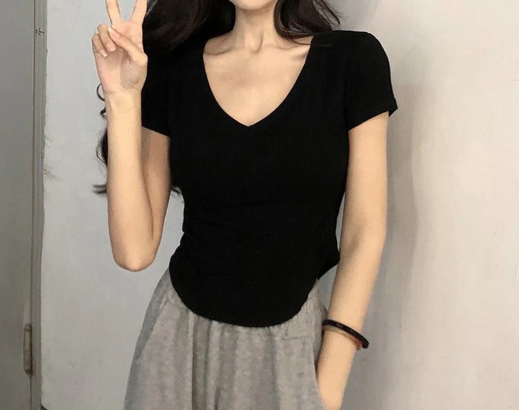Pure desire style V-neck short-sleeved T-shirt for women in summer 2025 new slim fit hot girl short irregular bottoming top - Image 11