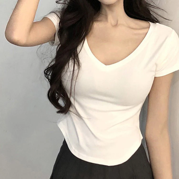 Pure desire style V-neck short-sleeved T-shirt for women in summer 2025 new slim fit hot girl short irregular bottoming top - Image 2