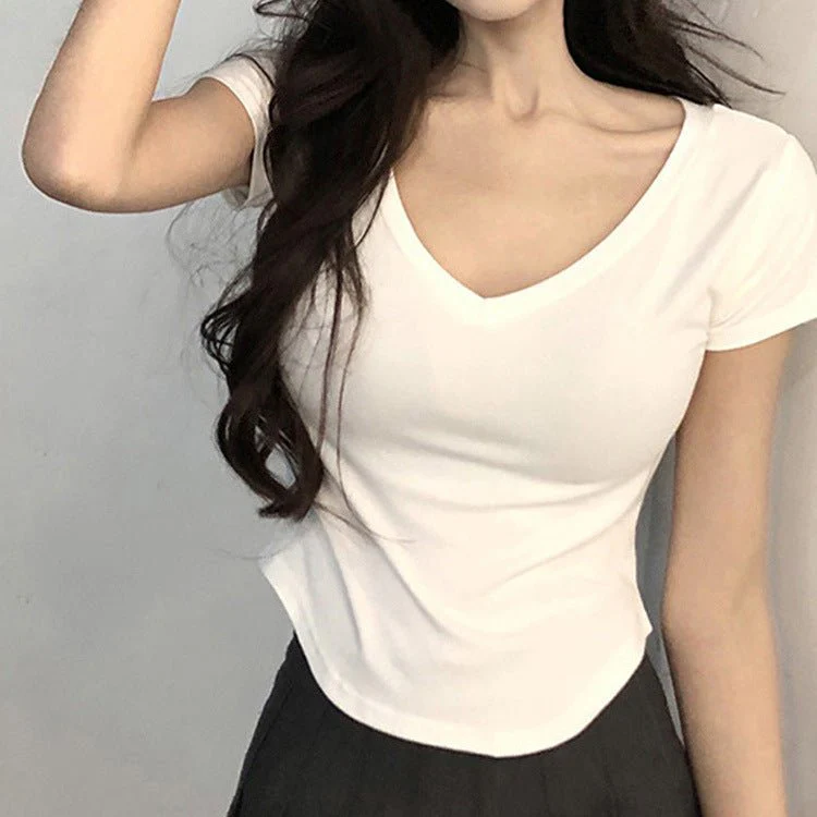 Pure desire style V-neck short-sleeved T-shirt for women in summer 2025 new slim fit hot girl short irregular bottoming top - Image 4