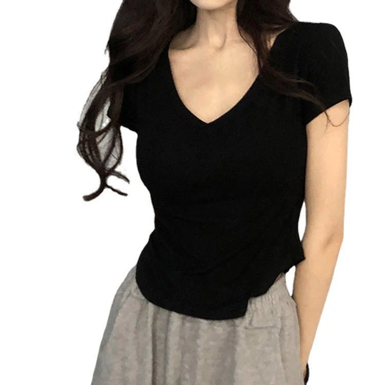 Pure desire style V-neck short-sleeved T-shirt for women in summer 2025 new slim fit hot girl short irregular bottoming top - Image 6