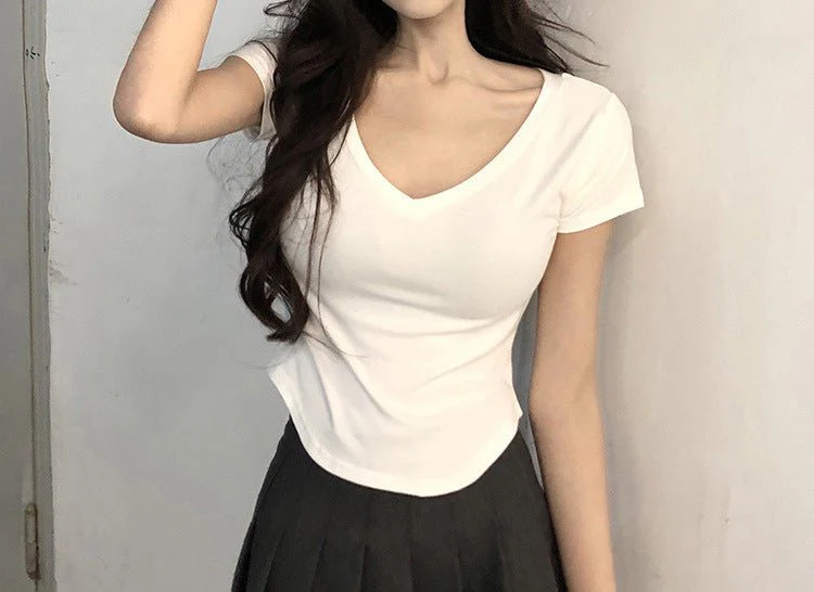 Pure desire style V-neck short-sleeved T-shirt for women in summer 2025 new slim fit hot girl short irregular bottoming top - Image 7