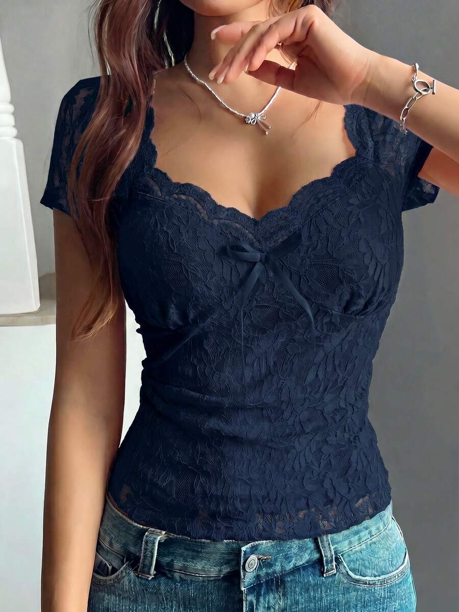 Women's French Lace Bowknot Top - Image 29